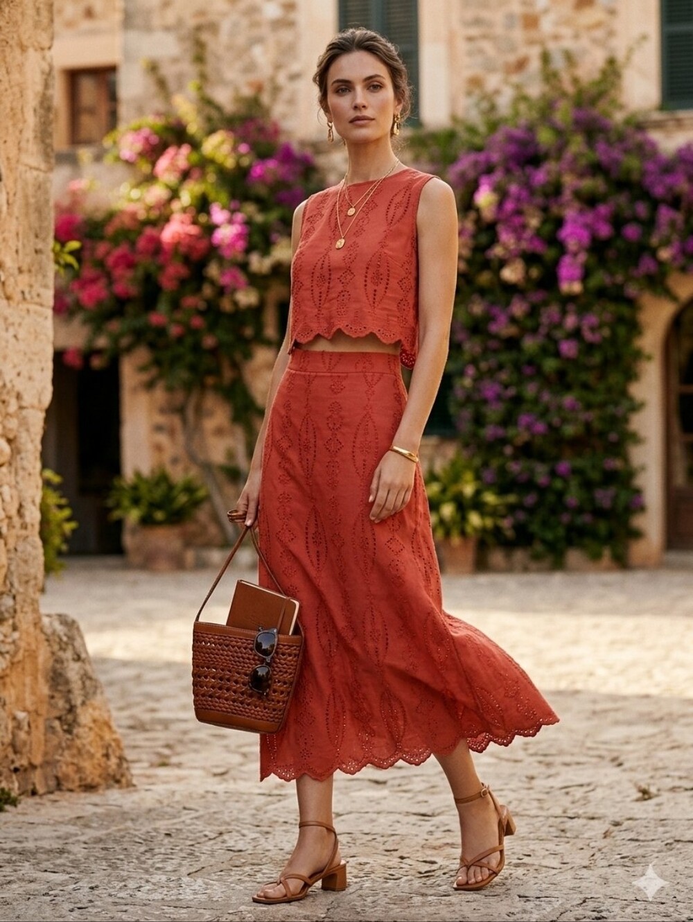 Cotton Eyelet Embroidery Midi Skirt